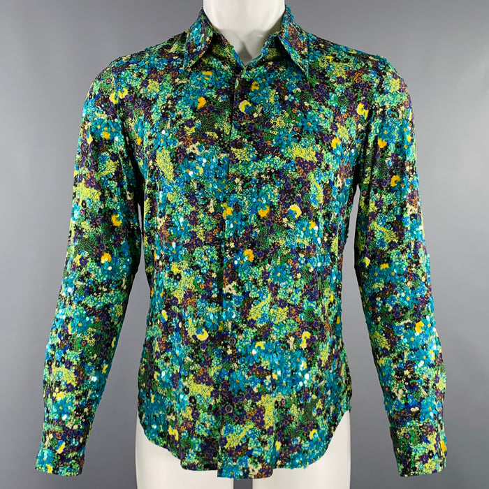 DRIES VAN NOTEN 2020 Size 36 Blue Green Sequined Viscose Long Sleeve Shirt