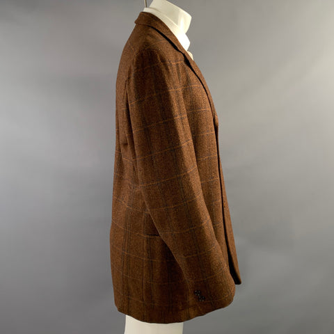 ERMENEGILDO ZEGNA Chest Size 44 Brown Blue Plaid Cashmere & Silk Sport Coat