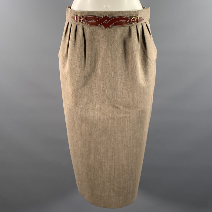 HERMES Size 10 Tan Wool Twill Pencil Knee-Length Skirt