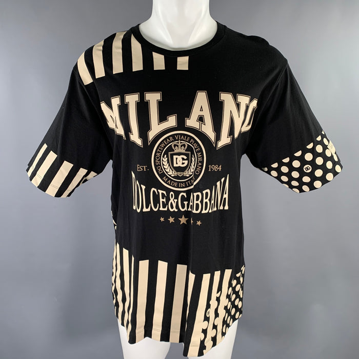 DOLCE & GABBANA Size 38 Black White Polka Dot Stripes Cotton Short Sleeve Shirt