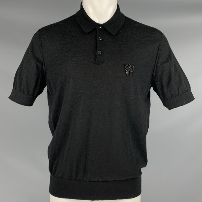 DOLCE & GABBANA Size M Black Beaded Honeybee Applique Cashmere Buttoned Polo