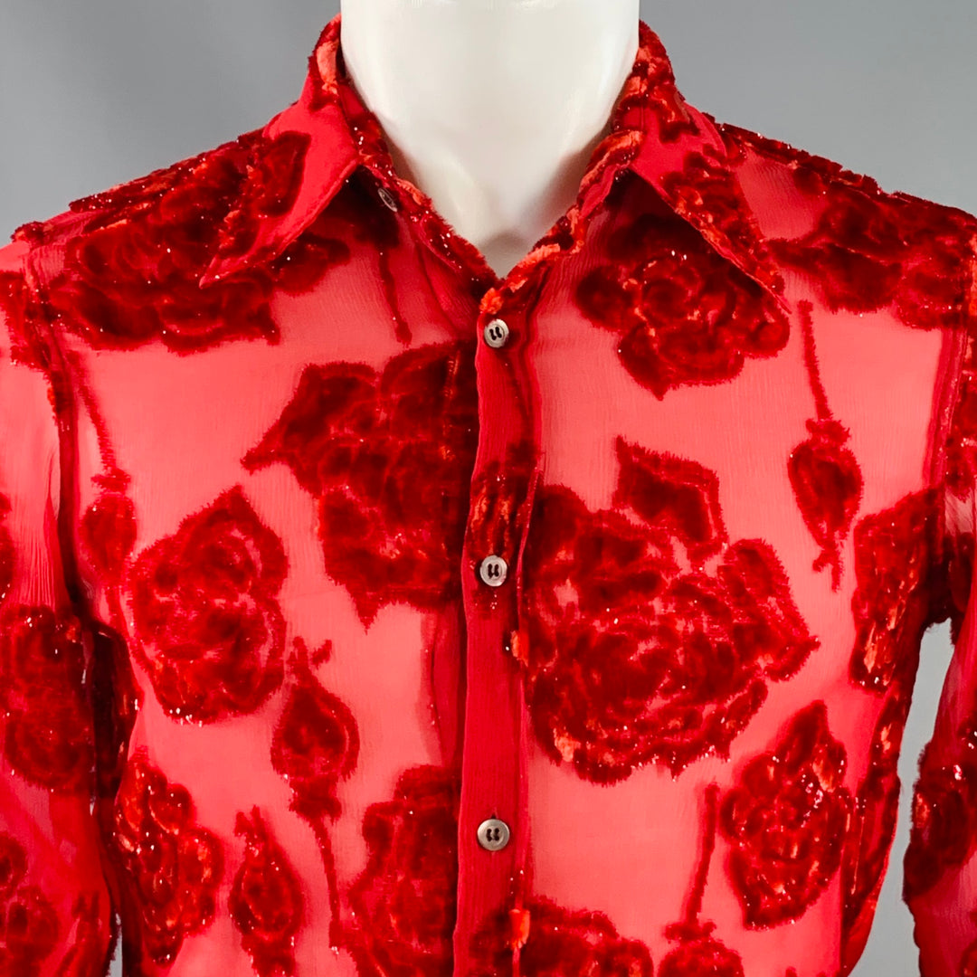 DRIES VAN NOTEN Size 38 Red Floral Viscose Silk Blend Sheer Long Sleeve Shirt