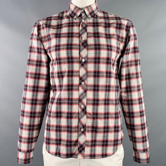 MARC by MARC JACOBS Size L Grey Red White Metallic Plaid Cotton Blend Long Sleeve Shirt