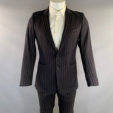 DRIES VAN NOTEN Chest Size 38 Navy Brown Stripe Wool Blend 31 30 Suit
