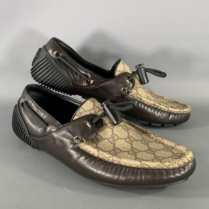 GUCCI Size 9.5 Tan Brown Monogram Leather Drivers Loafers