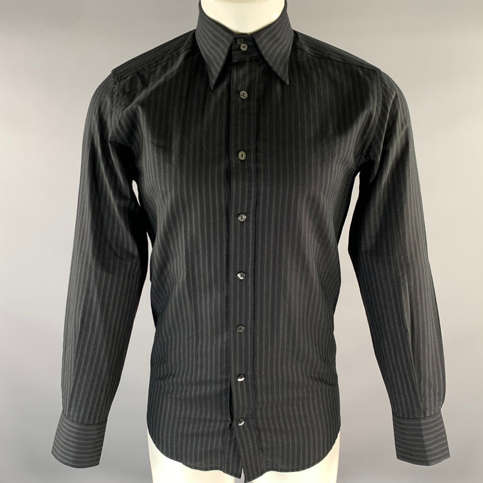 DOLCE & GABBANA Size S Black Green Stripe Cotton Long Sleeve Shirt
