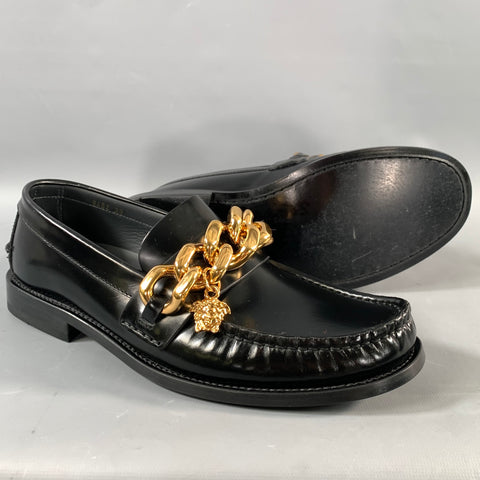 VERSACE SS2021 Size 9 Black Gold Leather Loafer Flats