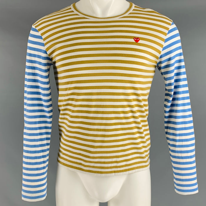 COMME des GARCONS Size S White Blue Tan Stripe Cotton Long Sleeve T-shirt