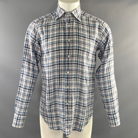 ETRO Size M Blue Pink Plaid Linen Blend Button Up Long Sleeve Shirt