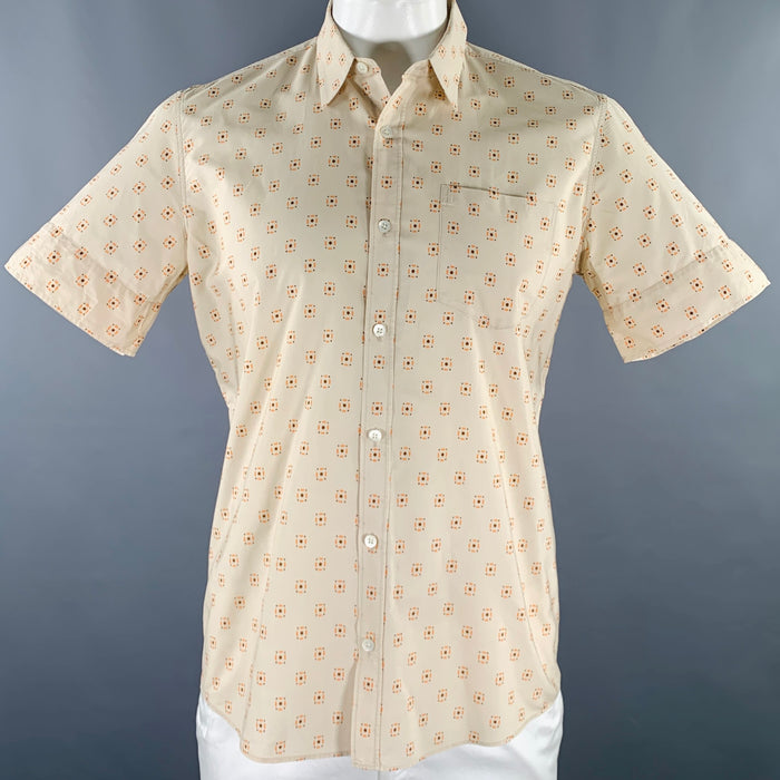 DRIES VAN NOTEN Size 42 Beige Orange Squares Cotton Short Sleeve Shirt