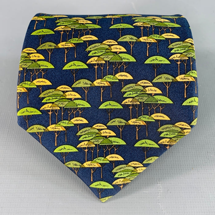 SALVATORE FERRAGAMO Navy Green Abstract Tree Silk Tie