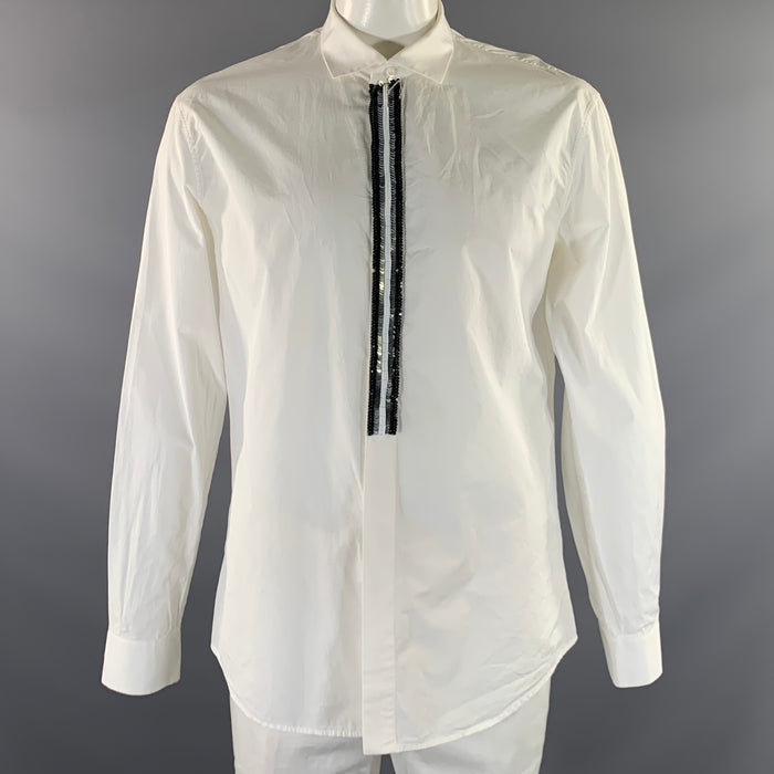 DSQUARED2 Size L White Black & Gunmetal Sequined Cotton Long Sleeve Shirt