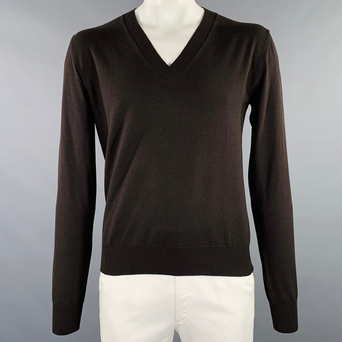 BOTTEGA VENETA Size L Brown Knit Wool Blend V-Neck Pullover