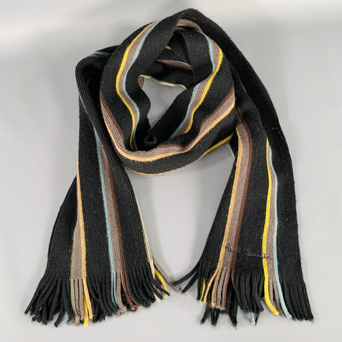 PAUL SMITH Black Multi Color Stripe Rib Knit Scarf