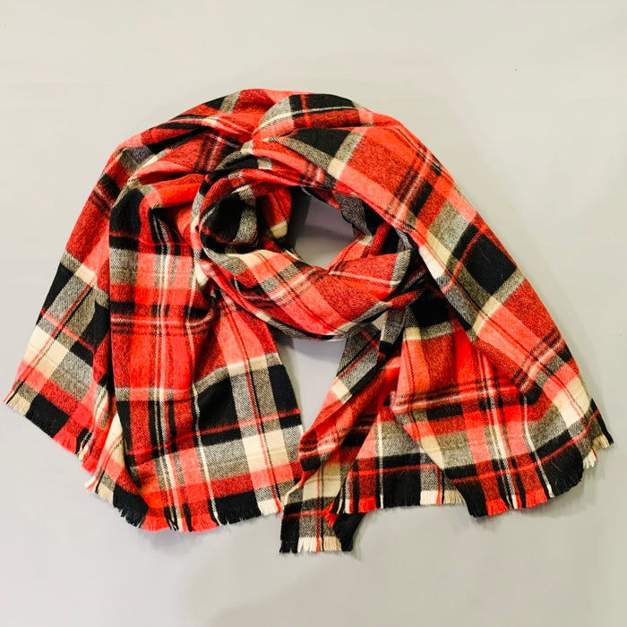 DSQUARED2 Red Black White Plaid Wool Blend Fringe Scarf
