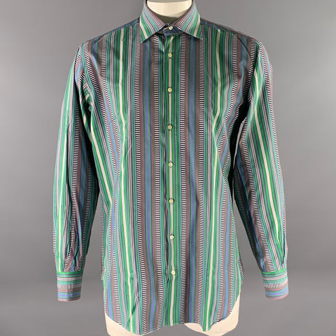 ETRO Size L Green Mixed Stripe Cotton Long Sleeve Shirt