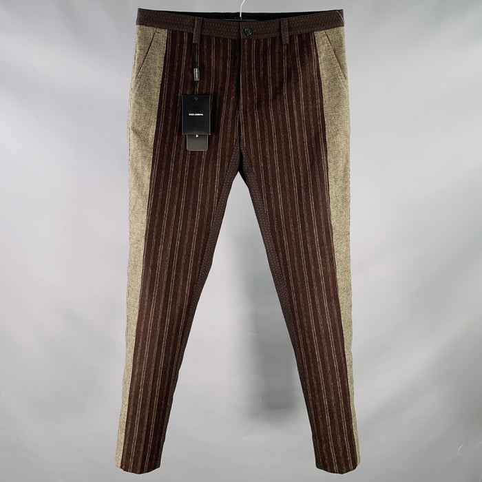 DOLCE & GABBANA Size 32 Brown Grey Wool Blend Stripe Houndstooth Zip Fly Dress Pants