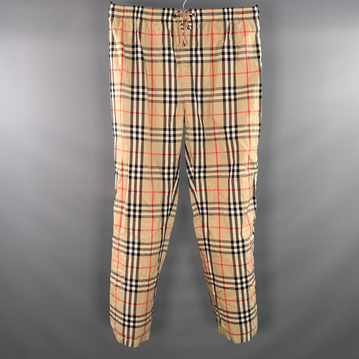 BURBERRY Size M Khaki Black & Red Tartan Cotton Elastic Waistband Casual Pants