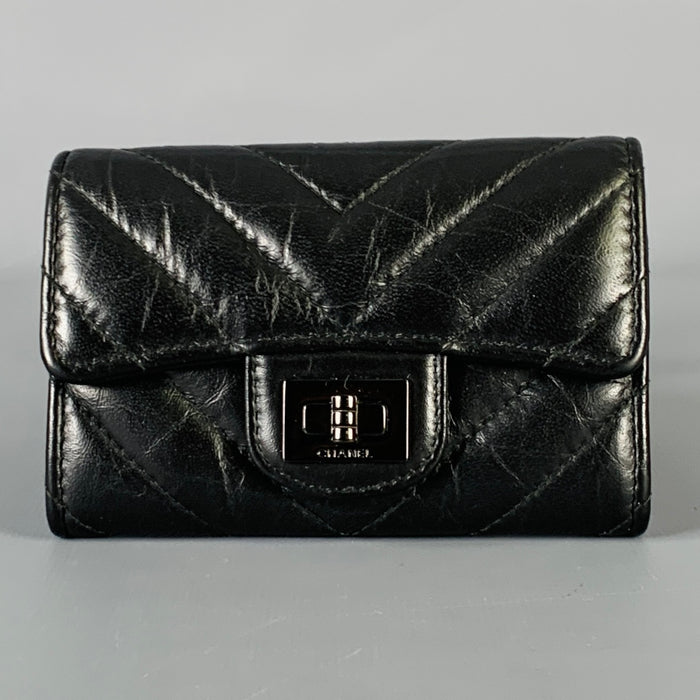 CHANEL Black Chevron Leather Card Case
