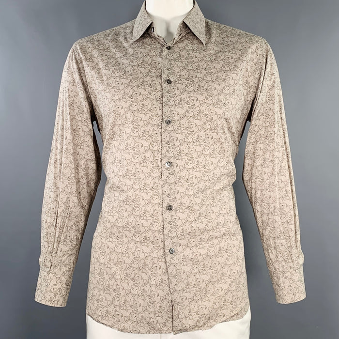 PRADA Size XL Taupe Black Print Cotton Spread Collar Long Sleeve Shirt