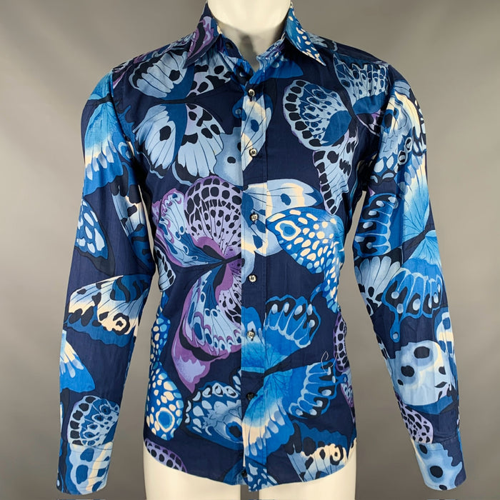 ETRO Size M Blue White Butterfly Cotton Long Sleeve Shirt