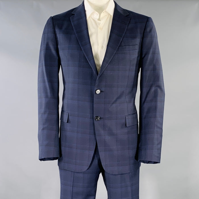 Z ZEGNA Size 46 Regular Navy Blue Plaid Wool Notch Lapel Suit