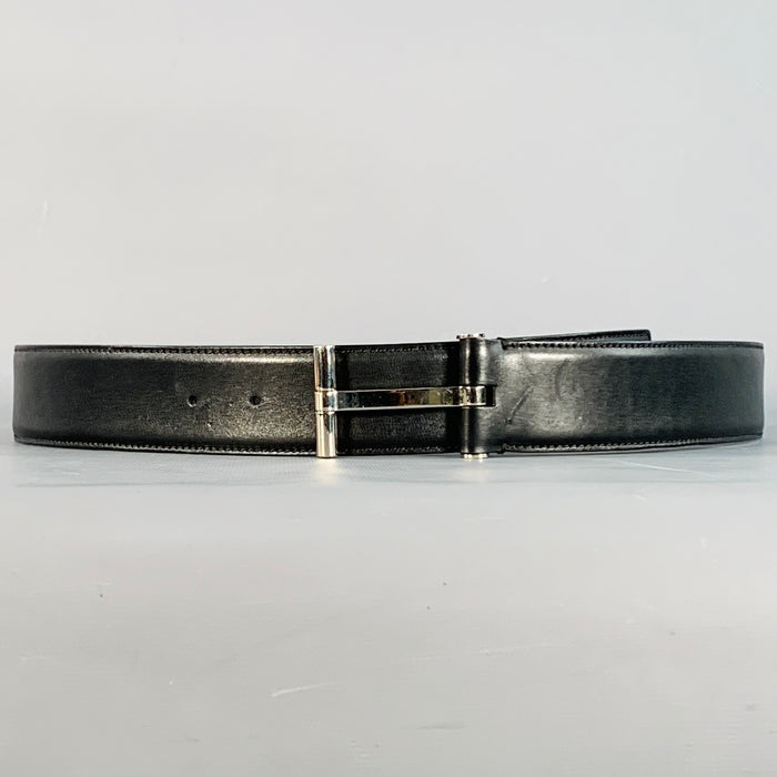 TOM FORD Size 38 Black Silver Monogram Leather T Belt