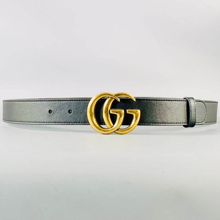 GUCCI Size 36 Black Gold Monogram Leather Belt