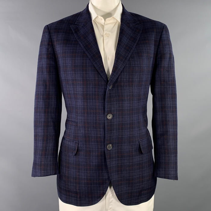 BRUNELLO CUCINELLI Size 46 Navy Brown Plaid Linen Blend Sport Coat