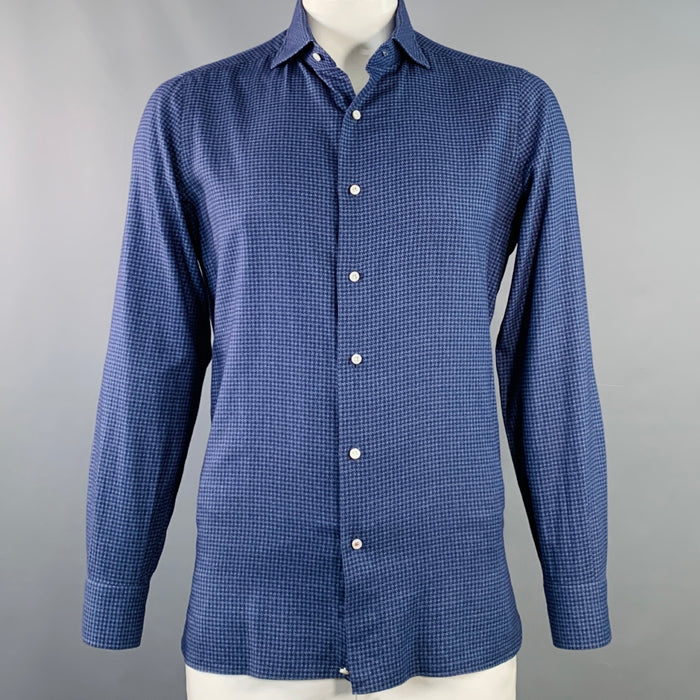 ISAIA Size L Navy Black Houndstooth Cotton Spread Collar Long Sleeve Shirt