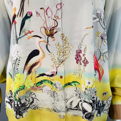 ETRO Size 8 Blue Multi Color Silk Birds Print Contrast Trim Blouse