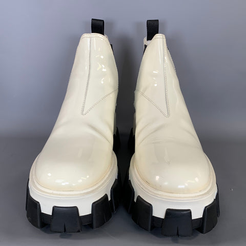 PRADA Size 11 White Leather Patent Leather Pull On Boots