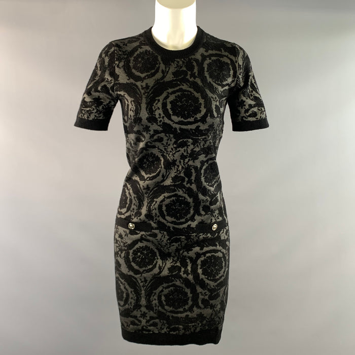 VERSACE 2024 Size 0 Black Grey Viscose Blend Baroque Crew Neck Cocktail Dress