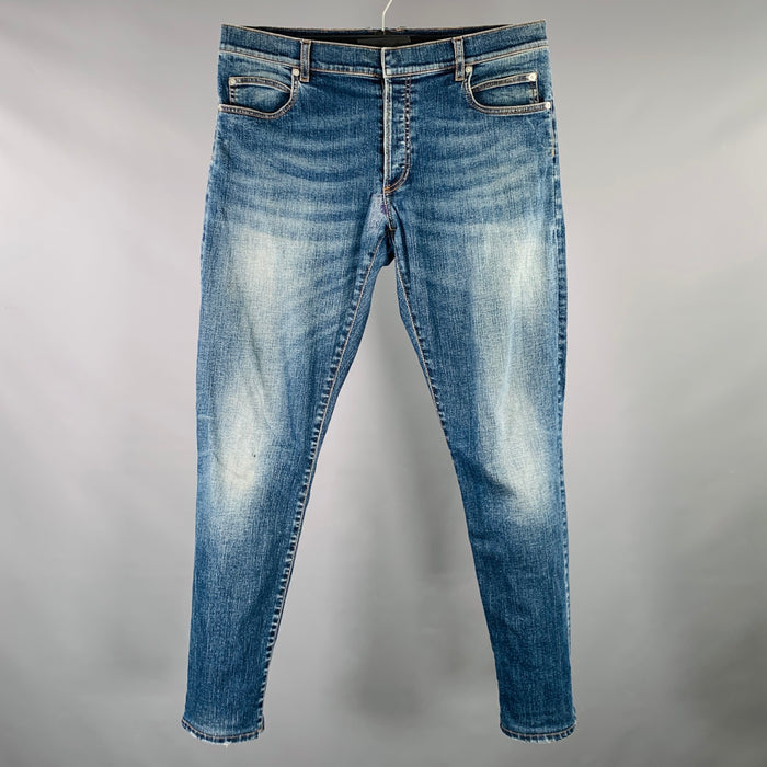 BALMAIN Size 32 Blue Contrast Stitch Cotton Blend Button Fly Jeans