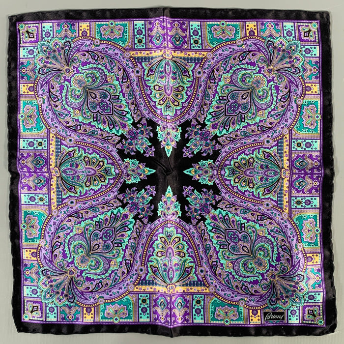 BRIONI Black Purple Paisley Silk Pocket Square