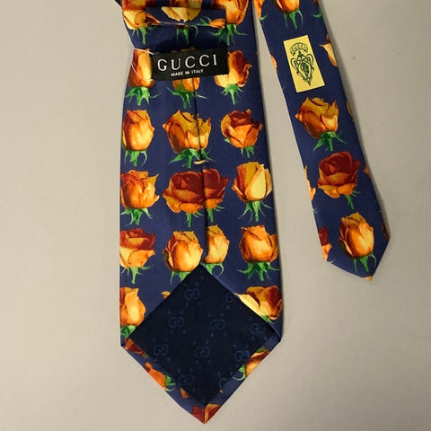GUCCI Navy Orange Floral Silk Tie