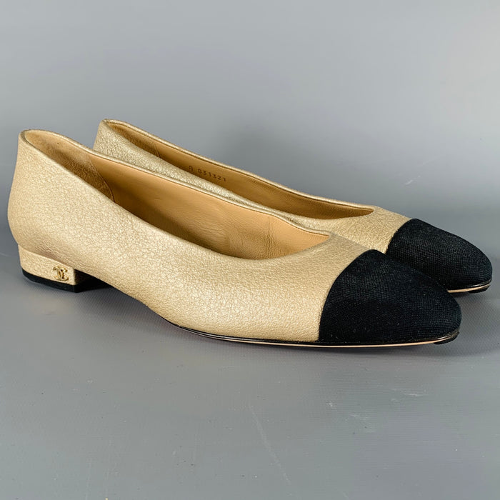 CHANEL Size 8 Gold Black Leather Cap Toe Flats