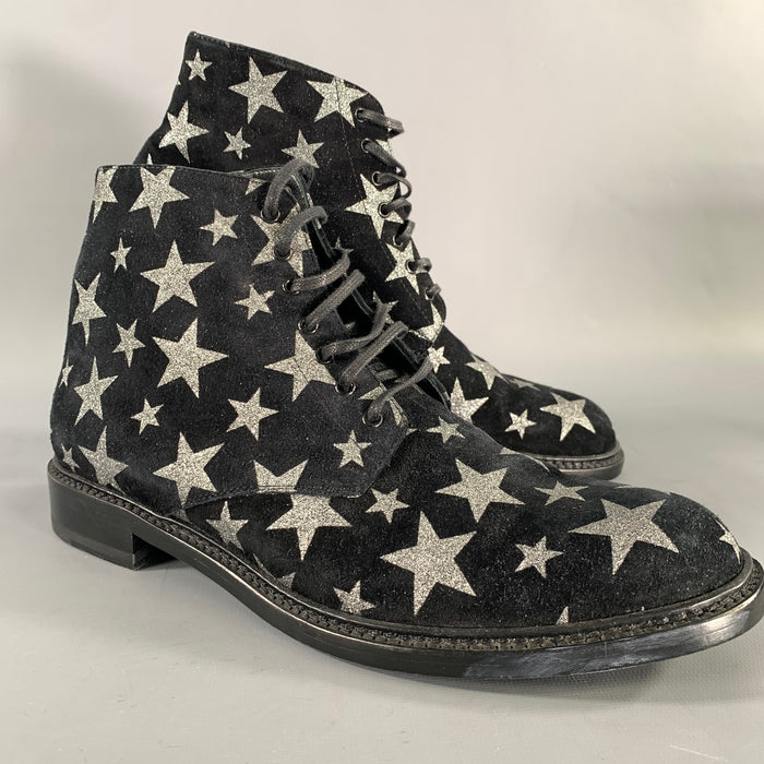 SAINT LAURENT Size 7.5 Black Silver Stars Leather Lace Up Boots