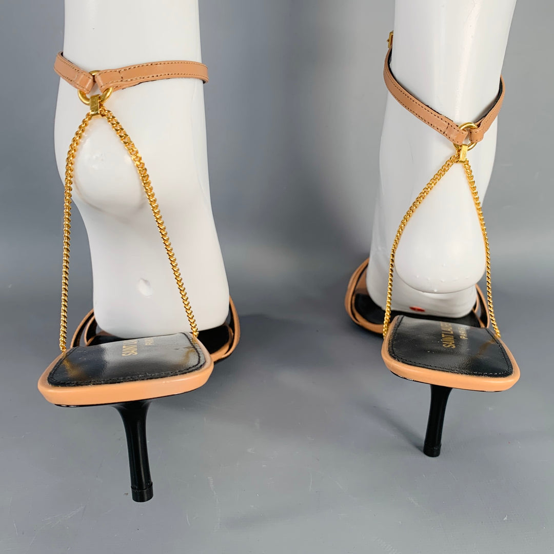 SAINT LAURENT Size 10 Melody Tan Leather Chain Ankle Strap Kitten Heel Sandals