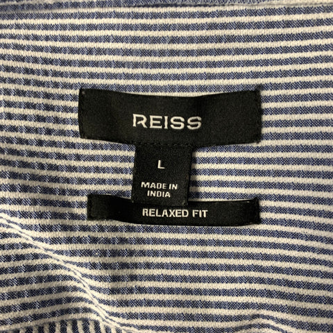 REISS Size L Blue White Stripe Polyester Blend Button Up Short Sleeve Shirt