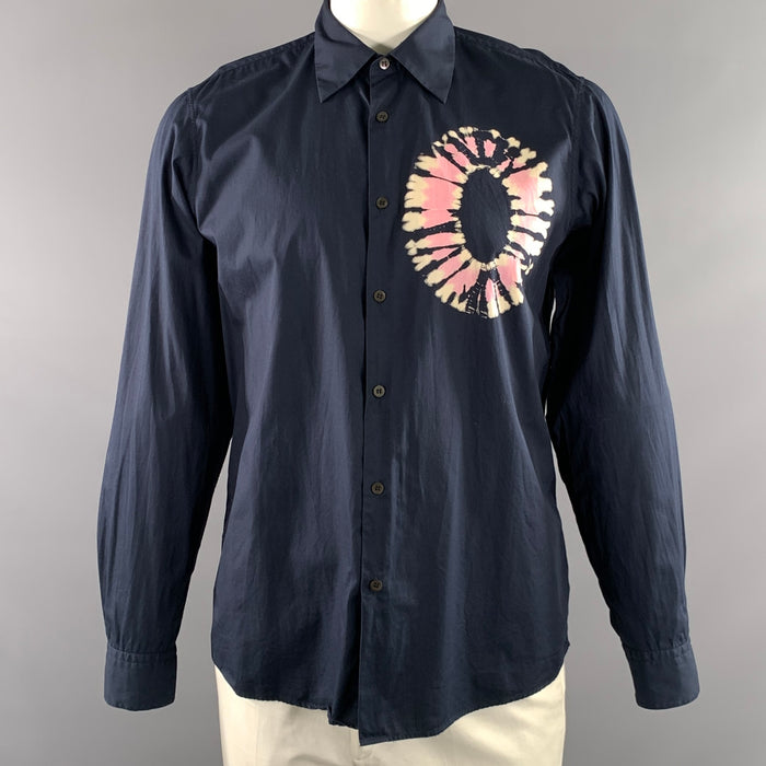 DRIES VAN NOTEN Size XL Navy White Pink Tie Dye Cotton Long Sleeve Shirt