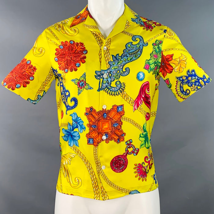 VERSACE Size M Yellow Multi Color Baroque Twill Short Sleeve Shirt