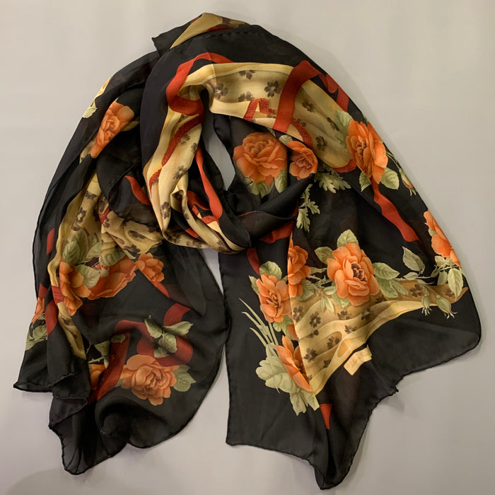 SALVATORE FERRAGAMO Black Red Floral Silk Scarf Shawl