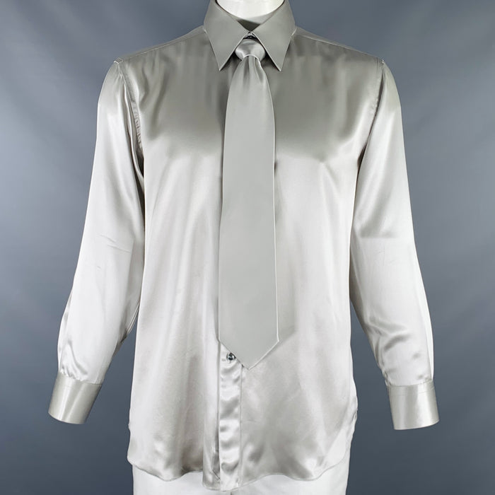 BRIONI Size L Silver Silk Button Up Long Sleeve Shirt Set