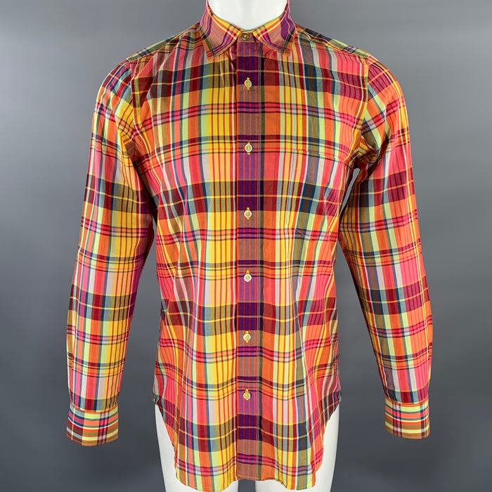 PAUL SMITH Size M Orange Multi-Color Plaid Cotton Cutaway Long Sleeve Shirt