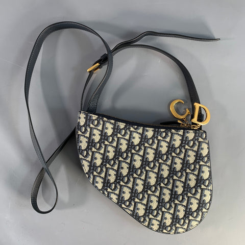 CHRISTIAN DIOR Blue Khaki Monogram Leather Trim Canvas Bags