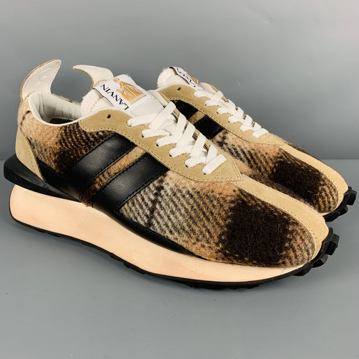 LANVIN Size 11 Beige Brown Plaid Wool Sneakers