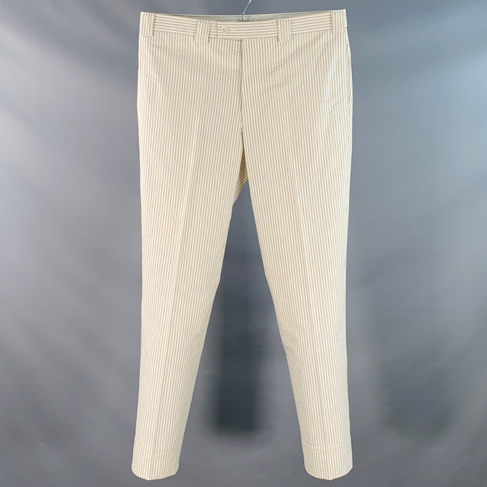 BLACK FLEECE Size 35 Beige White Stripe Cotton Seersucker Button Fly Casual Pants