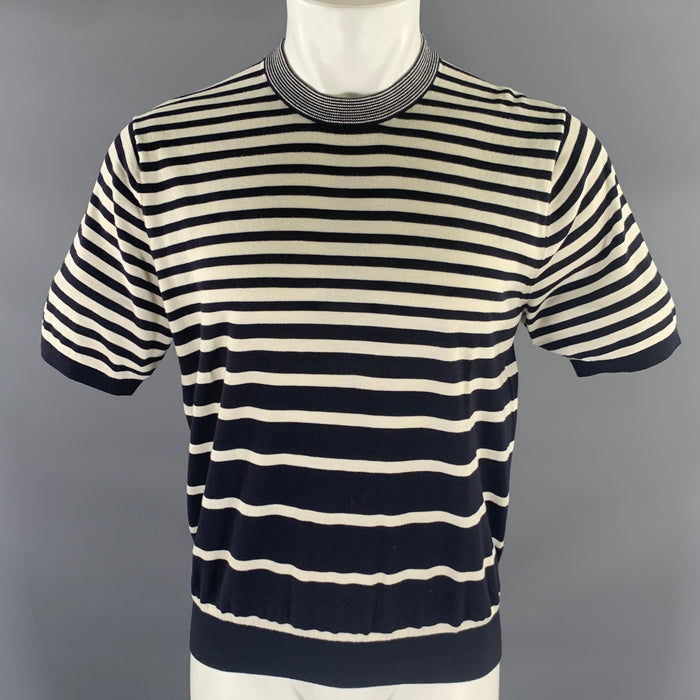 PS by PAUL SMITH Size L White Navy Stripe Ribbed T-shirt