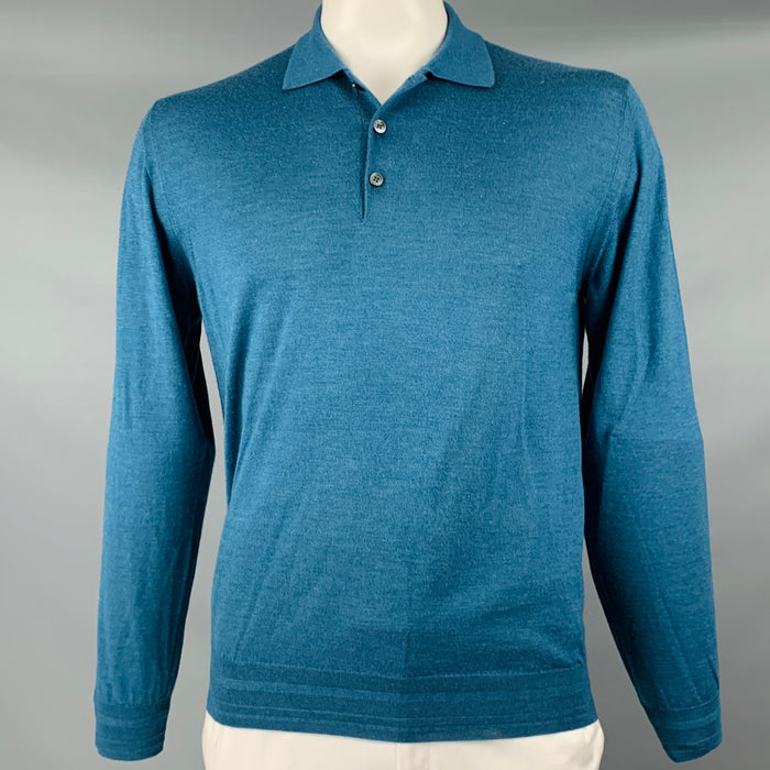 BRIONI Size XL Teal Knit Wool Silk Cashmere Polo Pullover